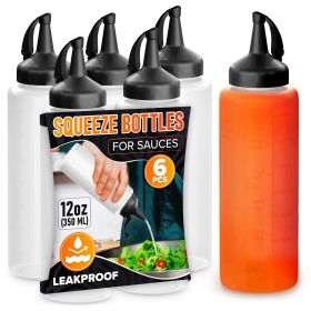 6 Pcs Condiment Squeeze Bottles for Sauces 12 oz Squirt Bottles for Liquids Refillable Leak Proof Easy to Fill Durable and Convenient Salad Dressing D