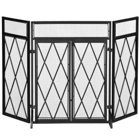 HOMCOM 3-Panel Folding Fireplace Screen for Wood Burning with Double Doors, Home Heavy Duty Steel Fire Spark Guard, 47.25" W x 31" H, Black