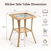 Outdoor Wicker Side Table, Rattan End Table with Glass Top, Patio Coffee Bistro Table for Indoor Garden Porch Balcony, Beige