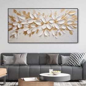 Handmade Gold Foil White Floral Canvas Wall Art with Textured Finish. (Style: 01, size: 40x80cm)