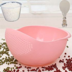 Multi-Functional Kitchen Washing Basket with Drain Basin for Rice, Fruits and Vegetables. (Color: 3PCS Pink Rice Washing Machine With Rice Cup Rice Spoon)