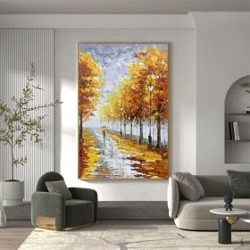 Minimalist Yellow Autumn Forest Canvas Wall Art with Abstract Tree Landscape. (Style: 01, size: 140x210cm)