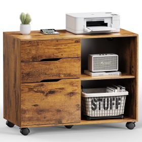 3 Drawer Mobile Rolling Lateral File Cabinet For Home Office And Kids Room (Color: Brown)