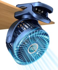 Portable Rechargeable Stroller Fan with Clamp, 360° Rotation and LED Display. (Color: Blue)