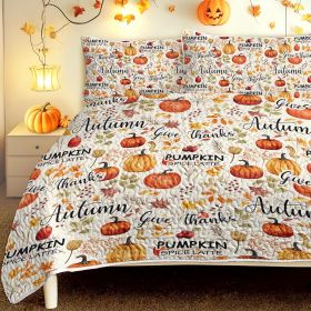 3-Piece Pumpkin and Autumn Leaves Quilt Set with 2 Pillowcases. (Color: Orange, size: Queen)