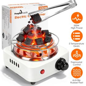 500W Electric Charcoal Burner with 5 Heat Settings, Grill and Tongs. (Color: White)