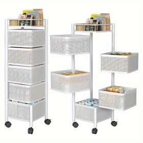 5-Tier Rotating Metal Fruit and Vegetable Storage Trolley with Wheels. (Color: White)