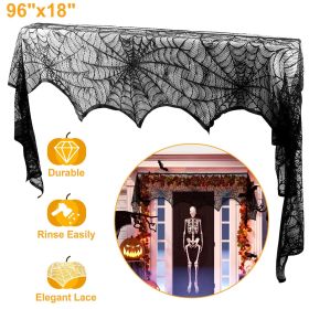 Halloween Fireplace Mantle Scarf - 96x18 Inch Black Lace Scarf with Spider Web, Bat & Spider Design, Lightweight Durable - Ideal for Haunted House (amount: 1pcs)