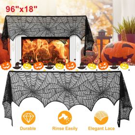 Halloween Fireplace Mantle Scarf - 96x18 Inch Black Lace Scarf with Spider Web, Bat & Spider Design, Lightweight Durable - Ideal for Haunted House (amount: 2pcs)