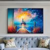Hand-Painted Coastal Lighthouse Sunset Canvas Wall Art.