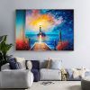 Hand-Painted Coastal Lighthouse Sunset Canvas Wall Art.