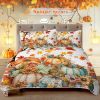 3-Piece Colorful Pumpkin and Fall Leaves Quilt Set with 2 Pillowcases.